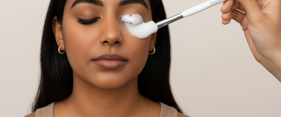 Girl washing her lashes with Lash Bath Foam and cleansing brush
