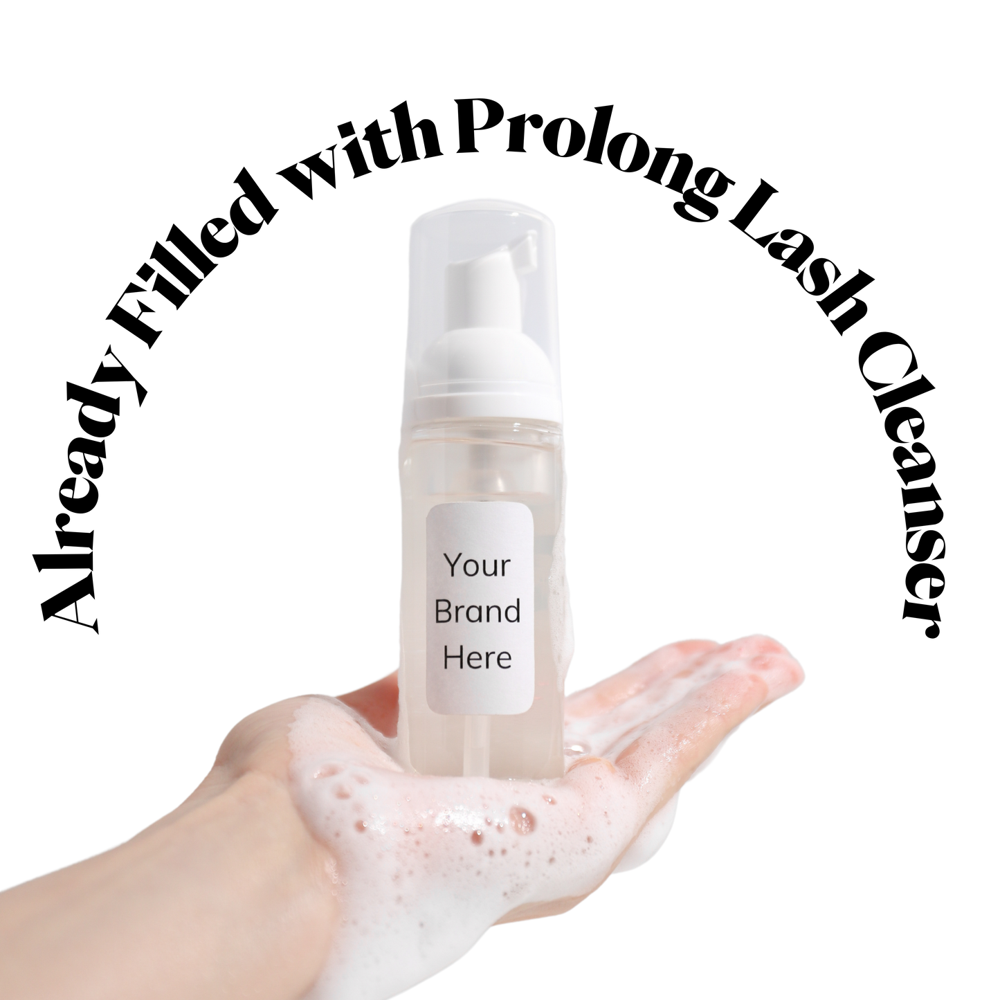 Hand holding a bottle of prolong lash cleanser with text overlay.