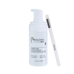 Prolong eyelash extension care product with a pump bottle and applicator on a white background
