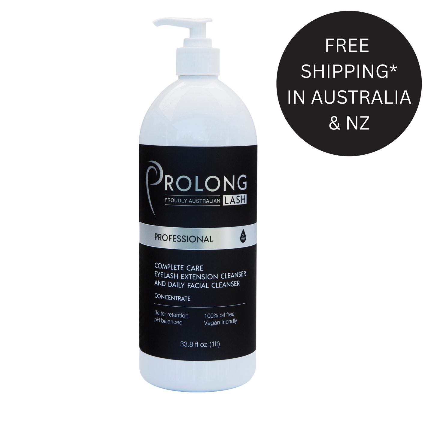 Bottle of Prolong Lash professional eyelash extension cleaner with free shipping text on a white background