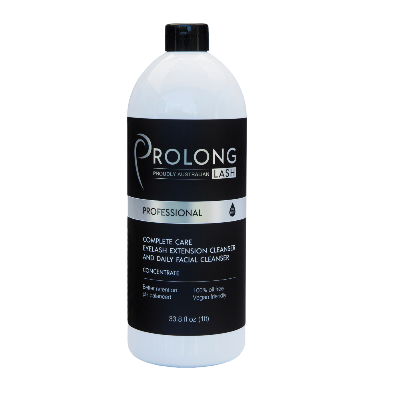 Bottle of Prolong eyelash extension cleanser on a white background