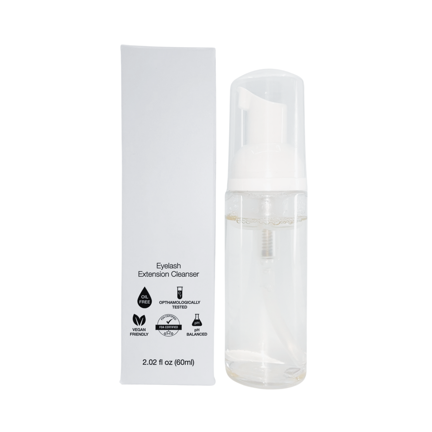 Eyelash extension cleanser bottle with packaging on a white background