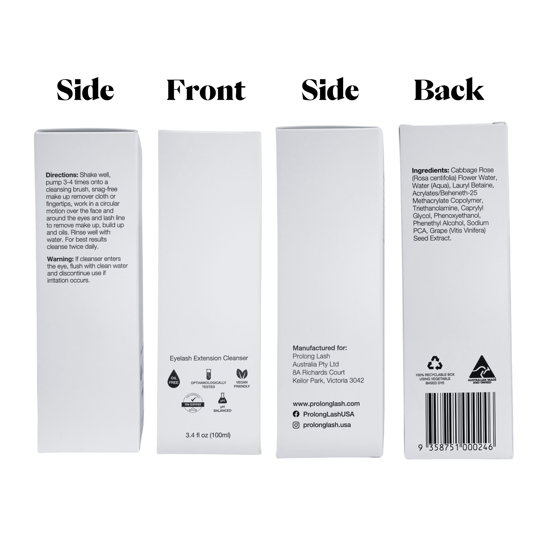 Prolonglash eyelash extension cleaner packaging showing side, front, side, and back views.