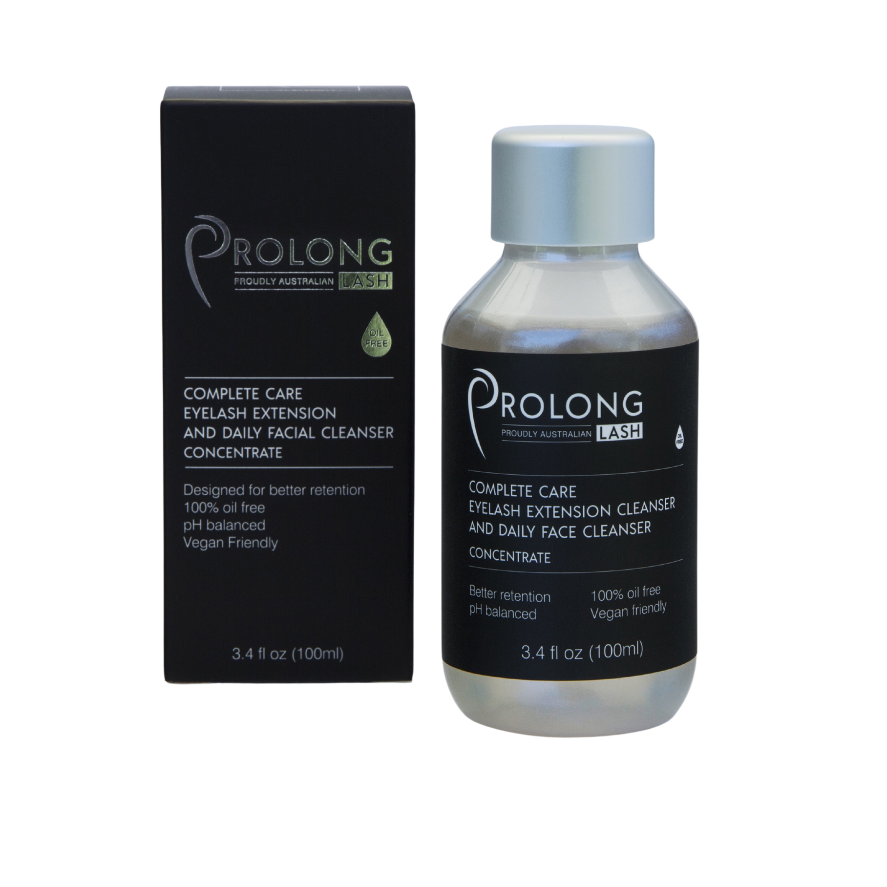 Prolong Lash eyelash extension and daily facial cleanser concentrate with packaging on a white background