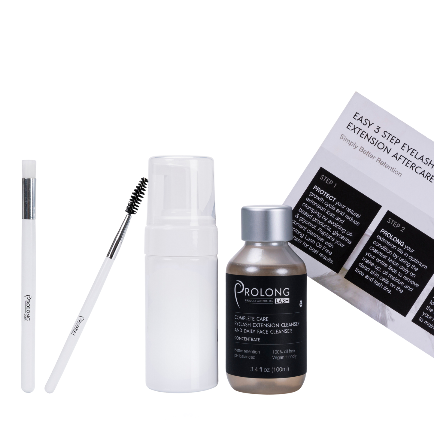 Eyebrow care products including a brush, bottle, and box on a white background