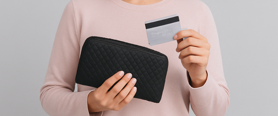 women taking a credit card out of a black wallet | Prolong Lash