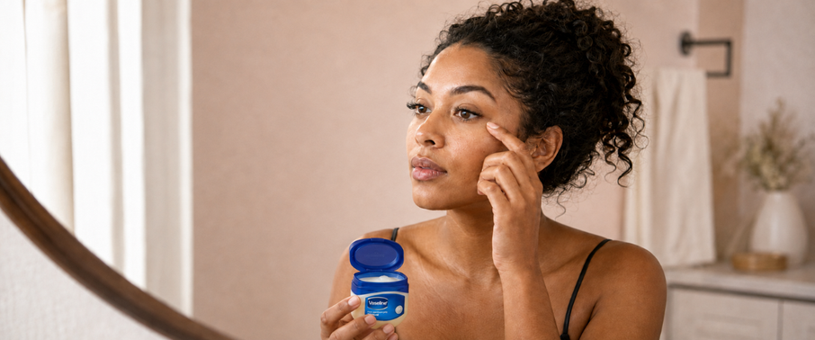 Woman holds Vaseline while tending to eyelashes.