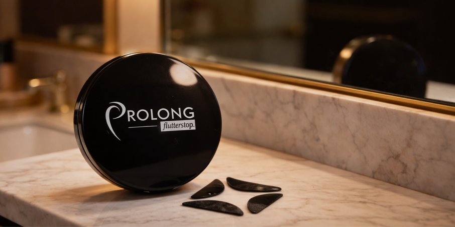  Prolong x Flutterstop black compact case displayed on a marble bathroom countertop with reusable black under eye pads placed in front