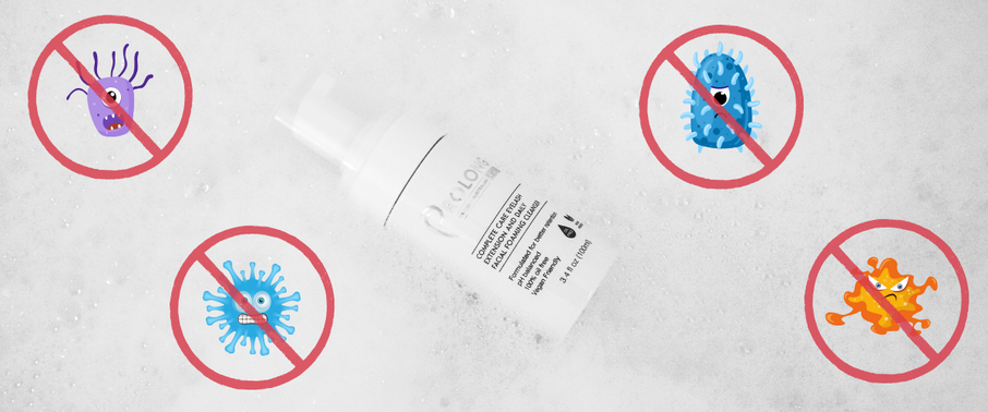 Germs being crossed out by a red cross surrounding prolong lash cleanser | Prolong Lash