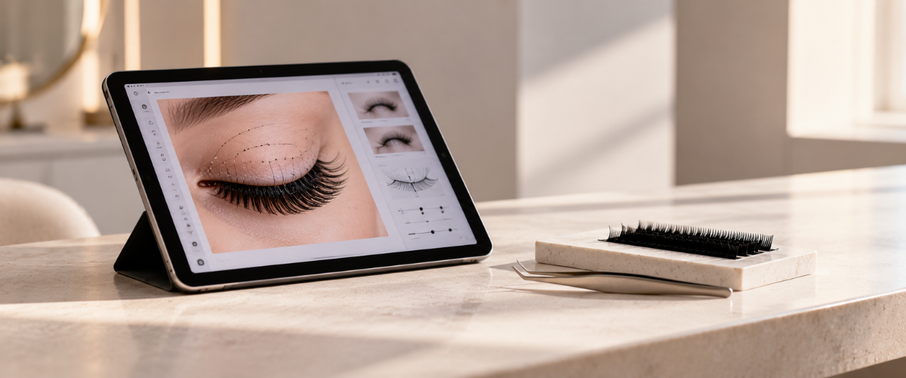 Digital lash mapping design on a tablet beside eyelash extension strips and application tweezers.