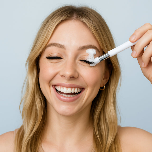 A women washing her eyelash extensions with foaming cleanser and a cleansing brush