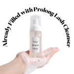 Hand holding a bottle of prolong lash cleanser with text overlay.