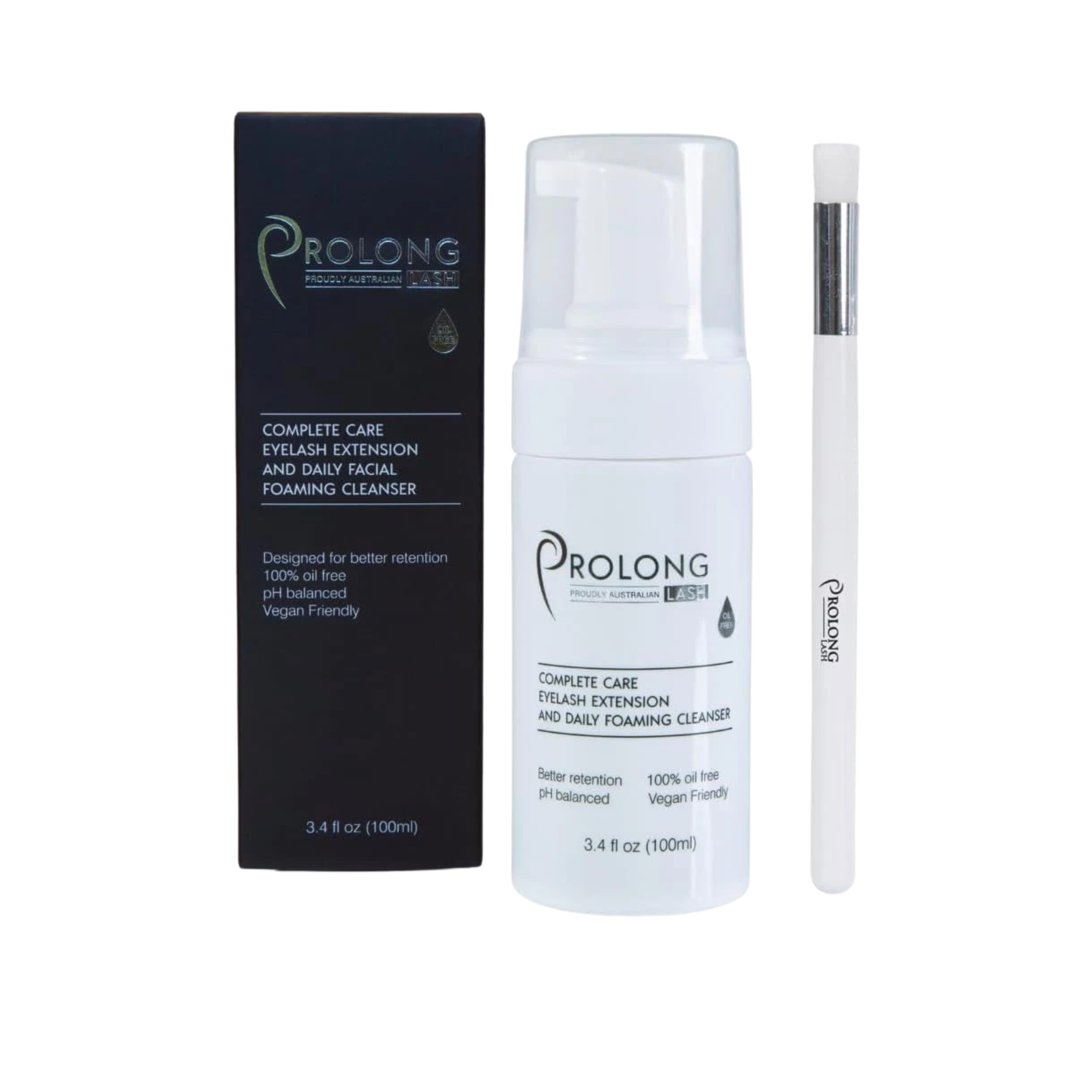 Prolong Complete Care eyelash extension and daily facial foaming cleanser with packaging and applicator on a white background