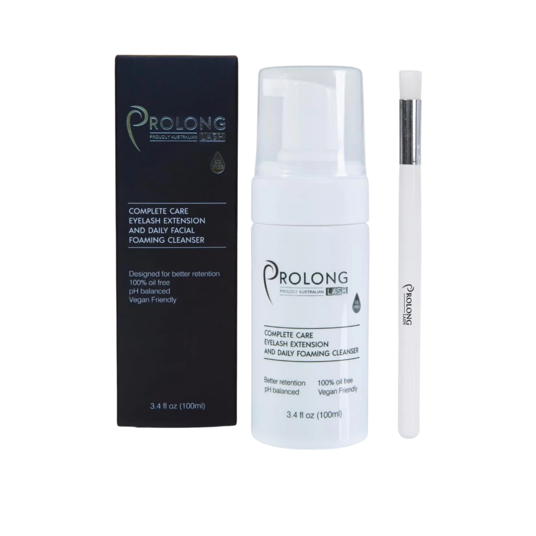 Prolong Complete Care eyelash extension and daily facial foaming cleanser with packaging and applicator on a white background