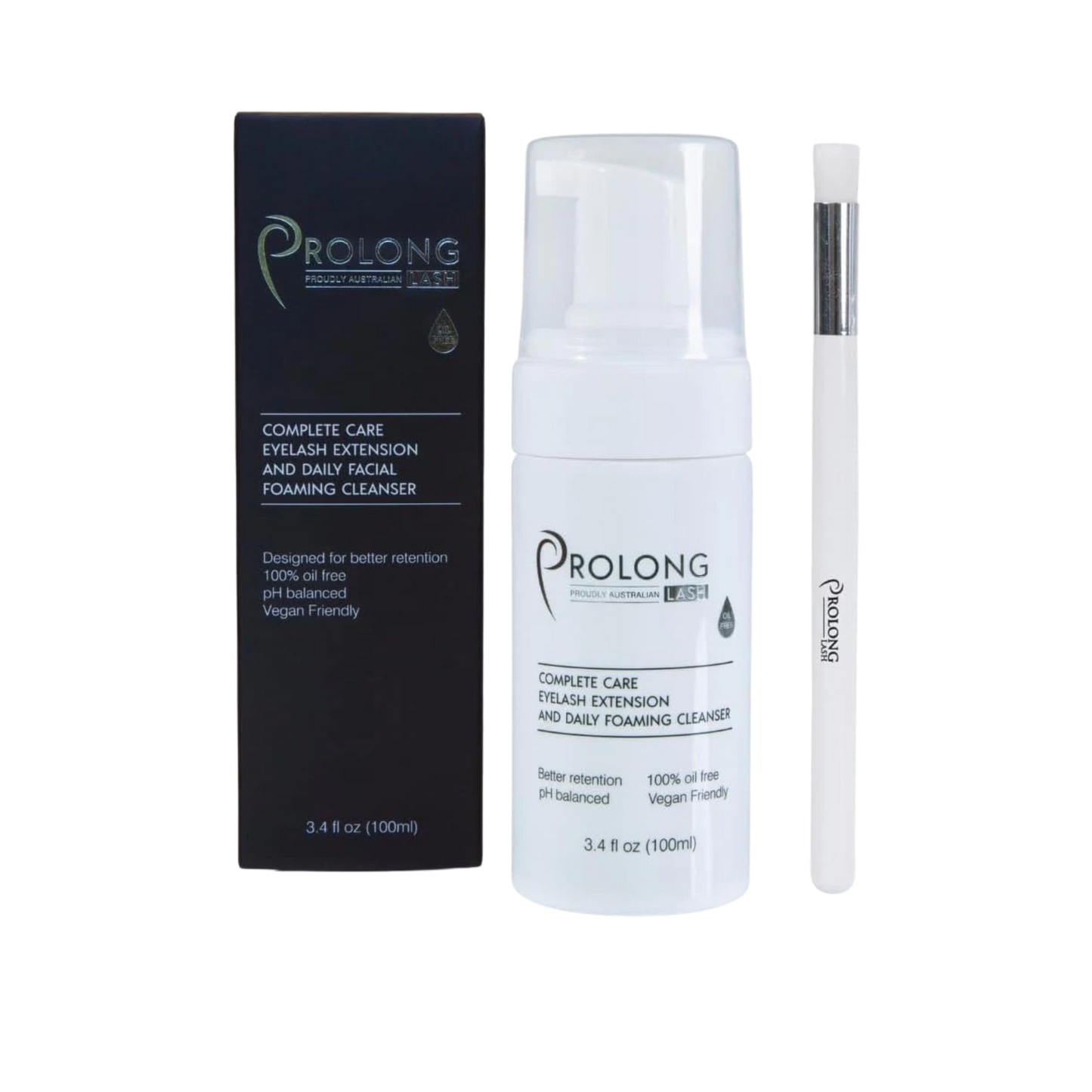 Prolong Complete Care eyelash extension and daily facial foaming cleanser with packaging and applicator on a white background