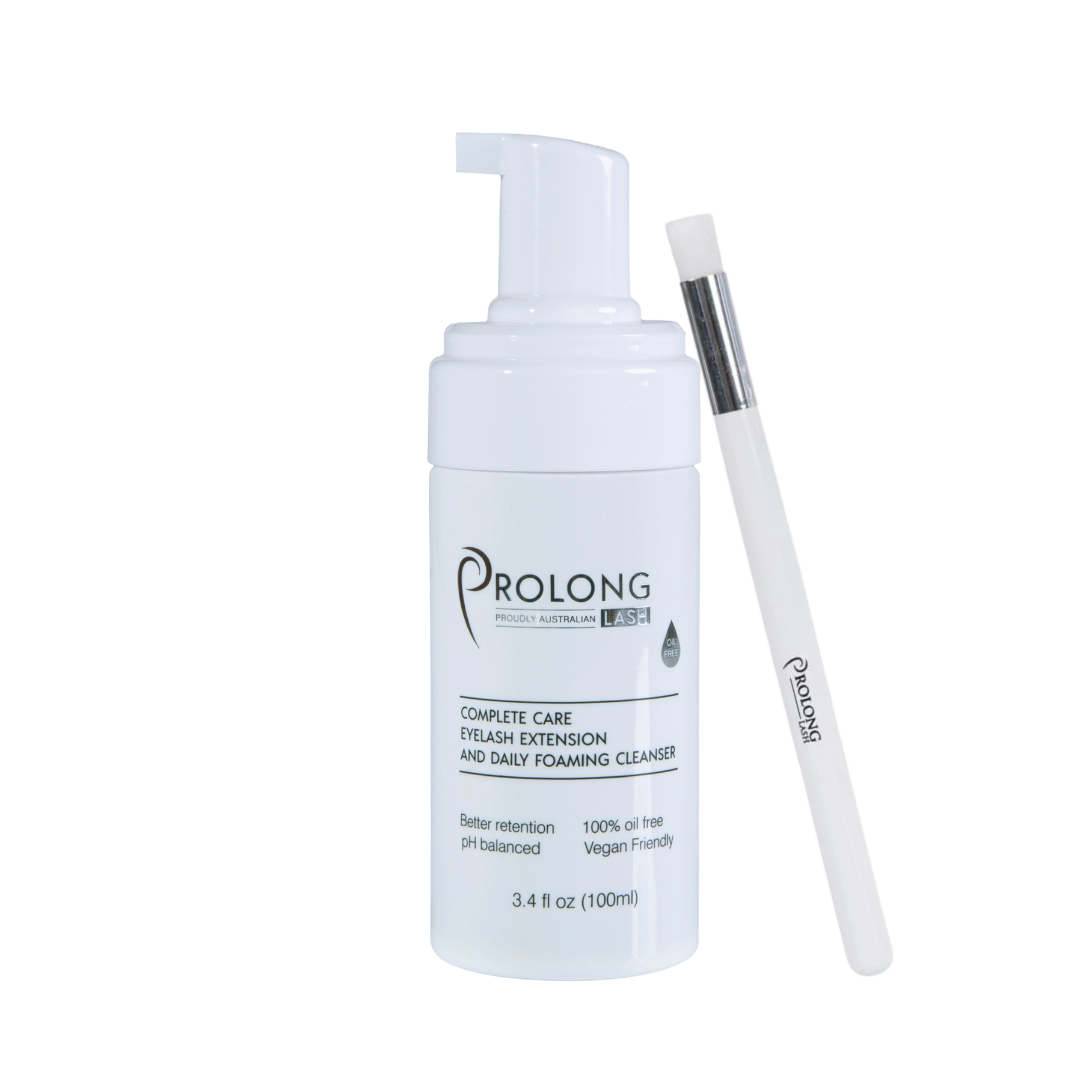 Prolong eyelash extension care product with a pump bottle and applicator on a white background