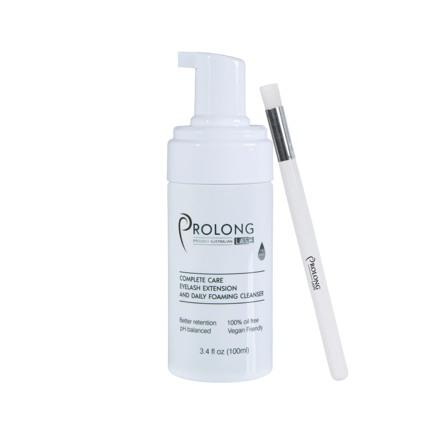 Prolong eyelash extension care product with a pump bottle and applicator on a white background