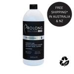 Bottle of Prolong eyelash extension cleanser with free shipping text and recycling symbol on a white background