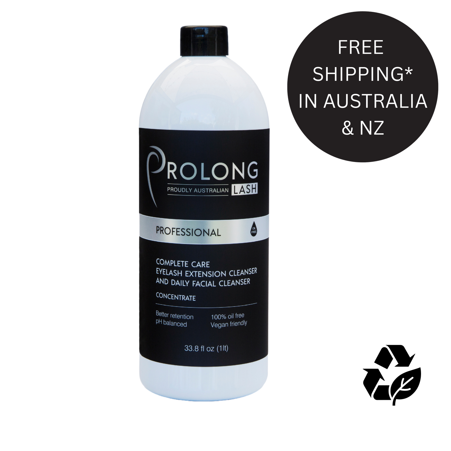 Bottle of Prolong eyelash extension cleanser with free shipping text and recycling symbol on a white background