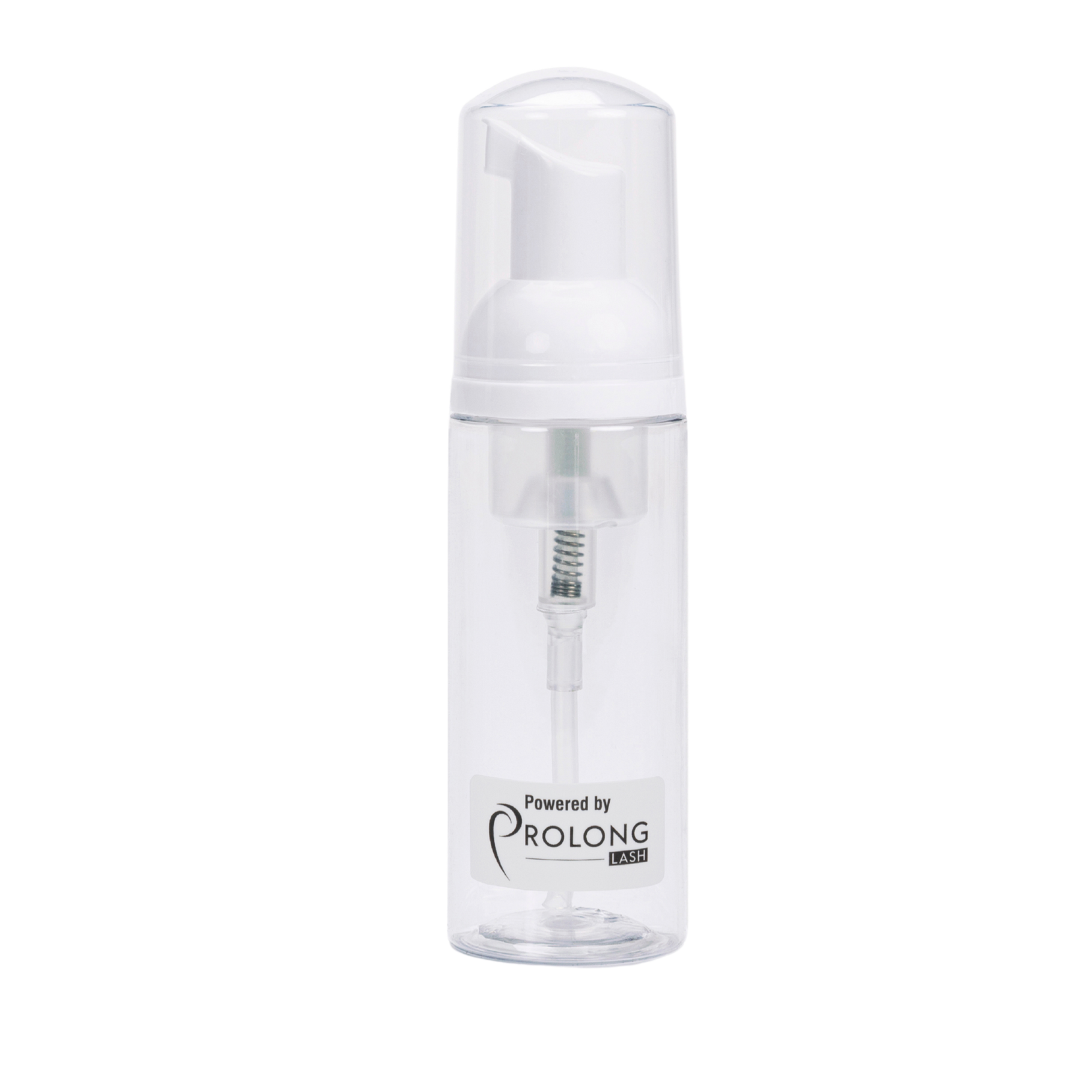 Clear foam bottle with white cap on a white background, branded 'Powered by Prolong'.