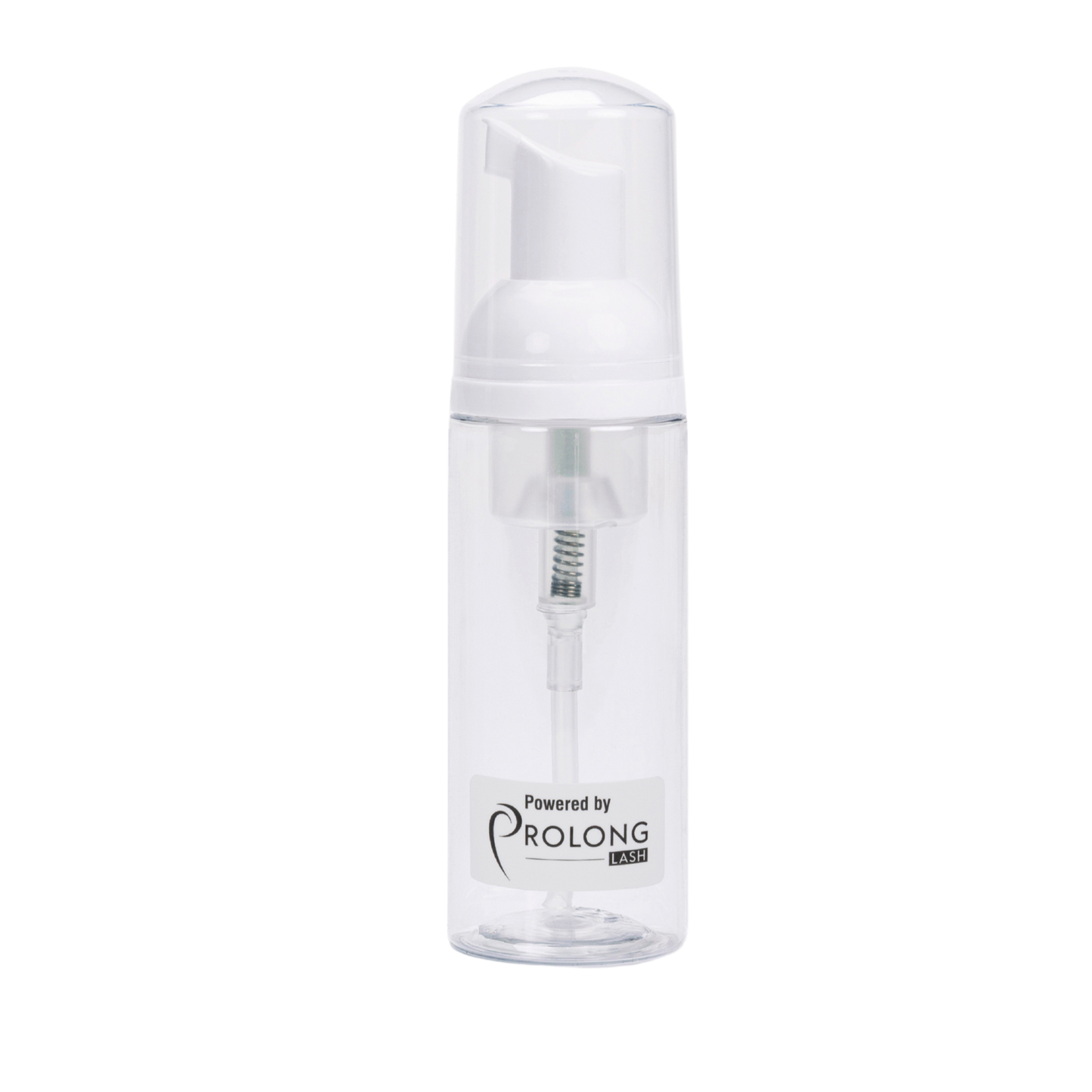 Clear foam bottle with white cap on a white background, branded 'Powered by Prolong'.