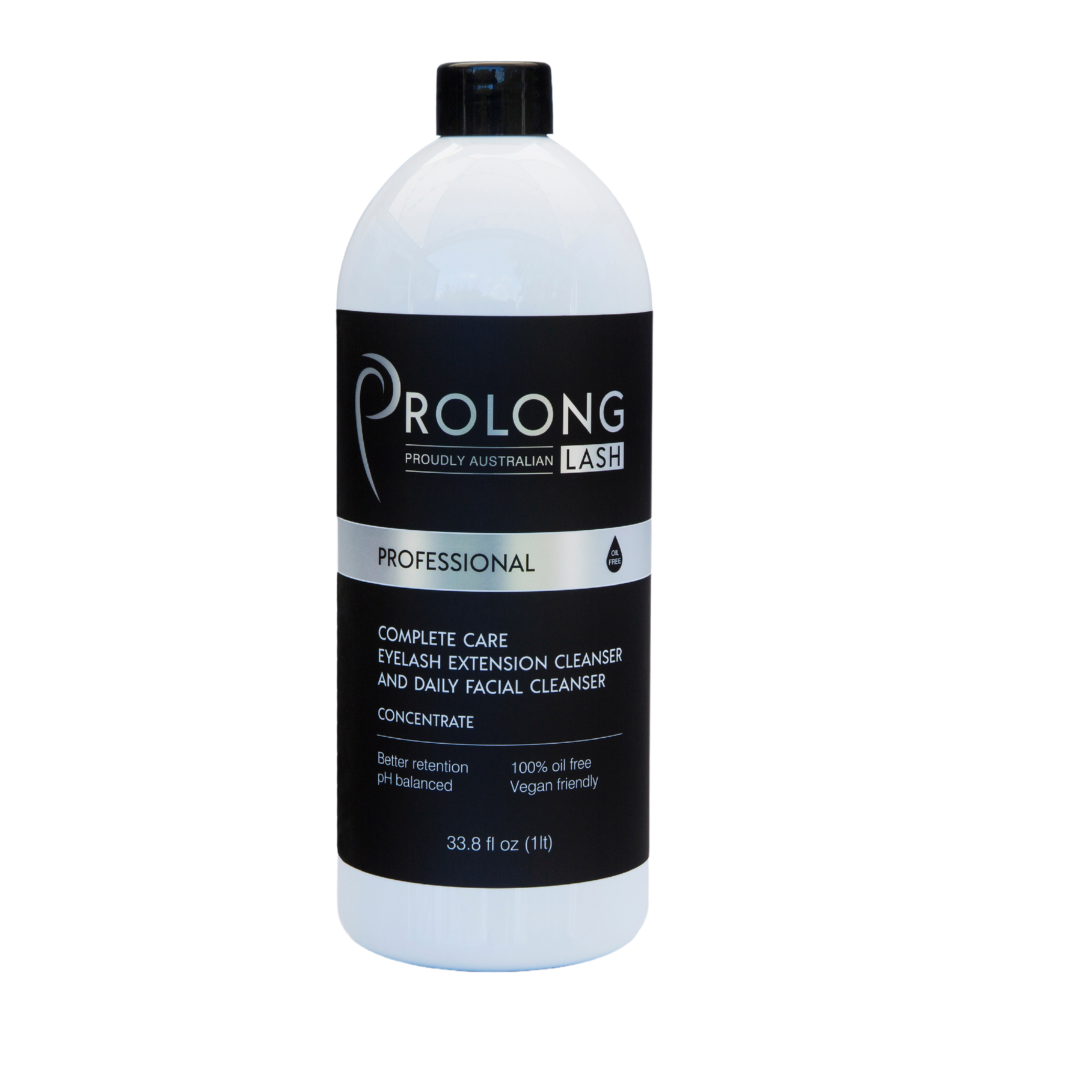 Bottle of Prolong eyelash extension cleanser on a white background