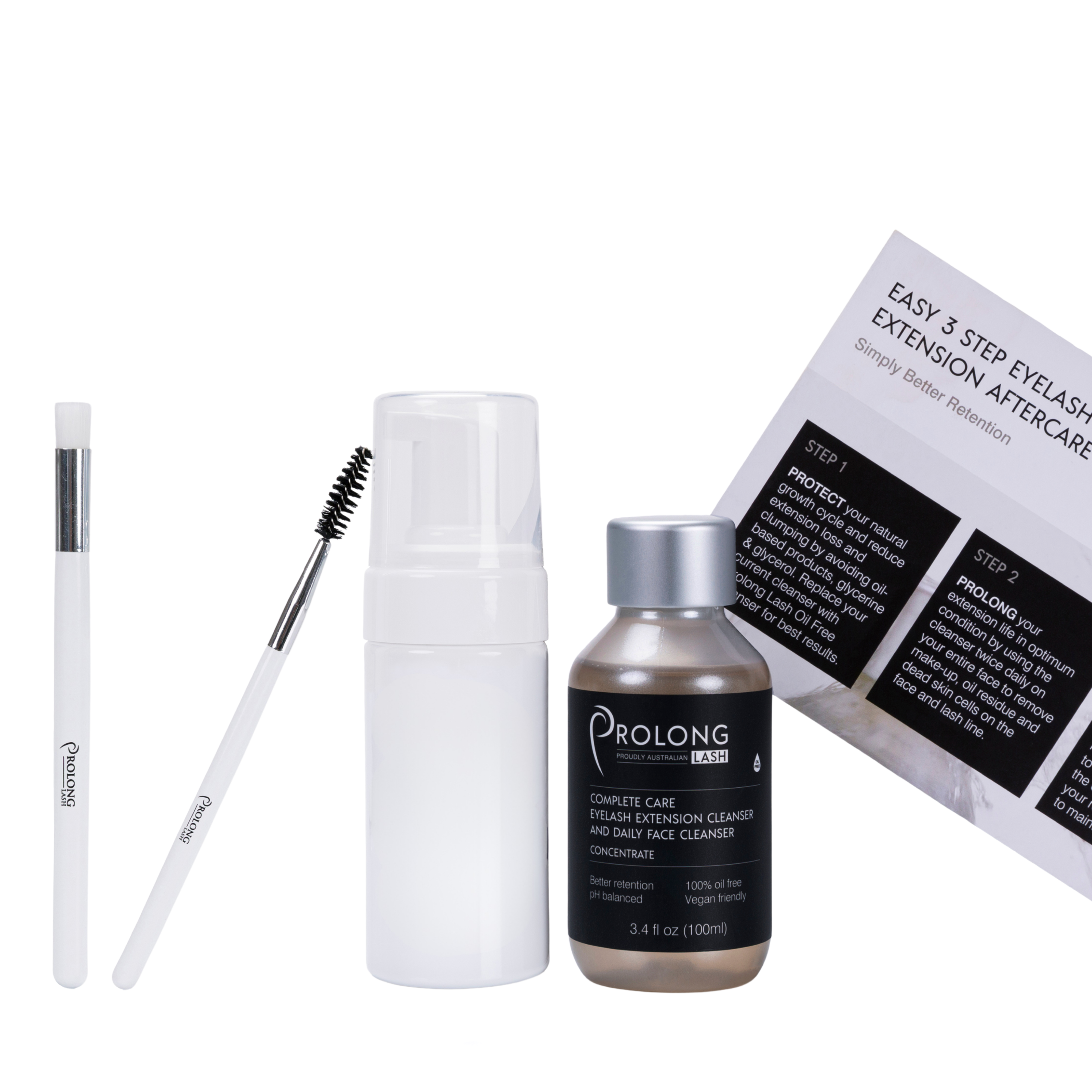 Eyebrow care products including a brush, bottle, and box on a white background