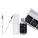 Eyebrow care products including a brush, bottle, and box on a white background