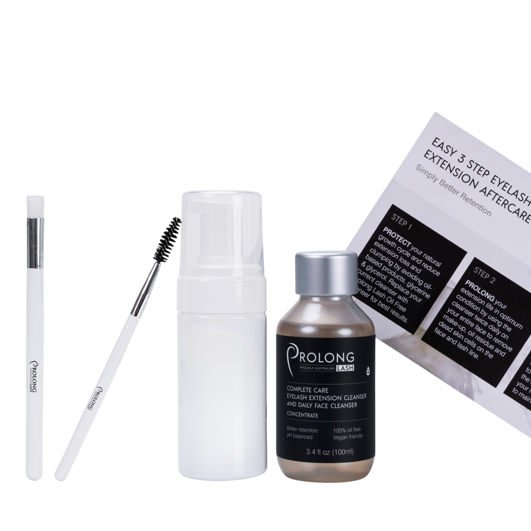 Eyebrow care products including a brush, bottle, and box on a white background