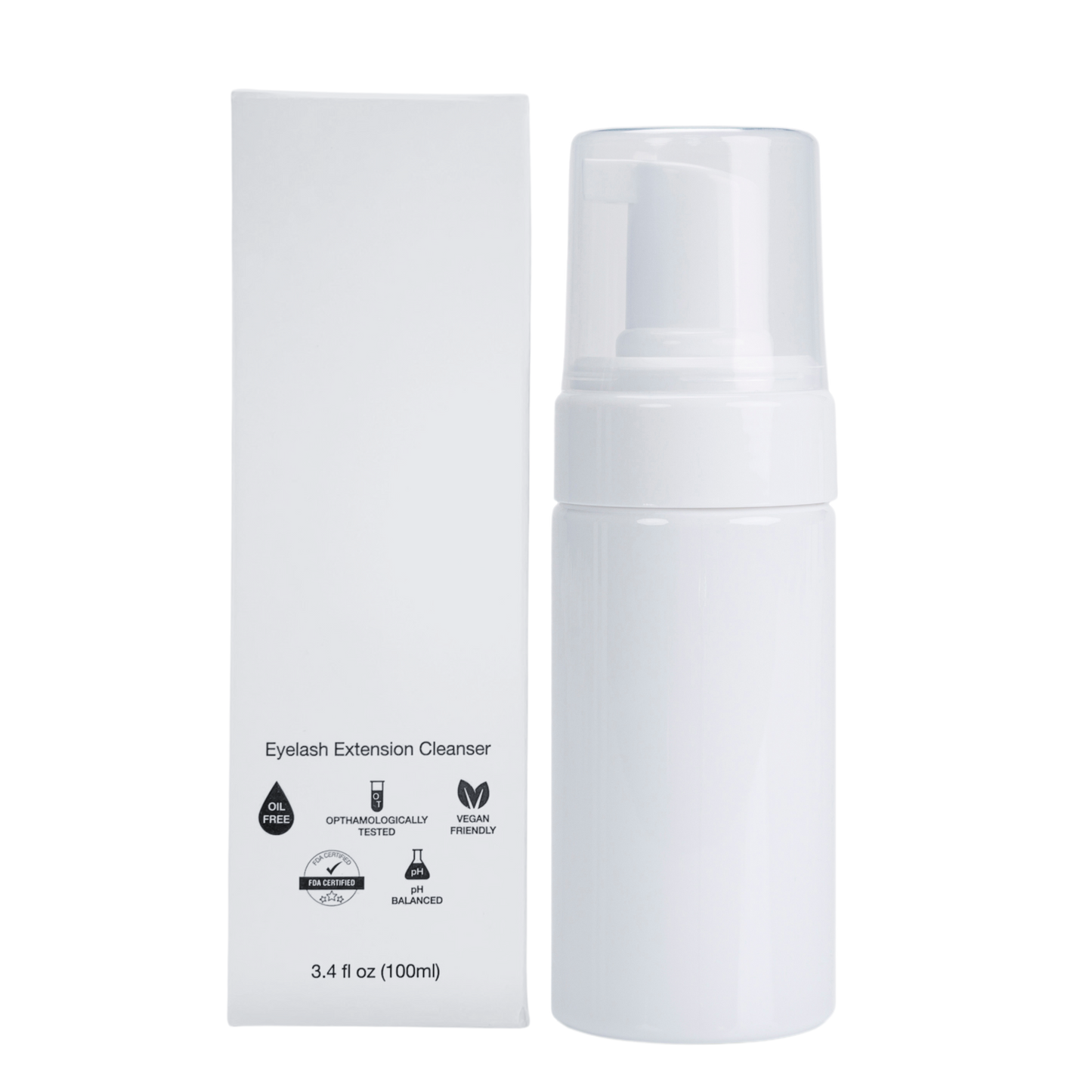 Eyelash extension cleanser bottle and packaging on a white background