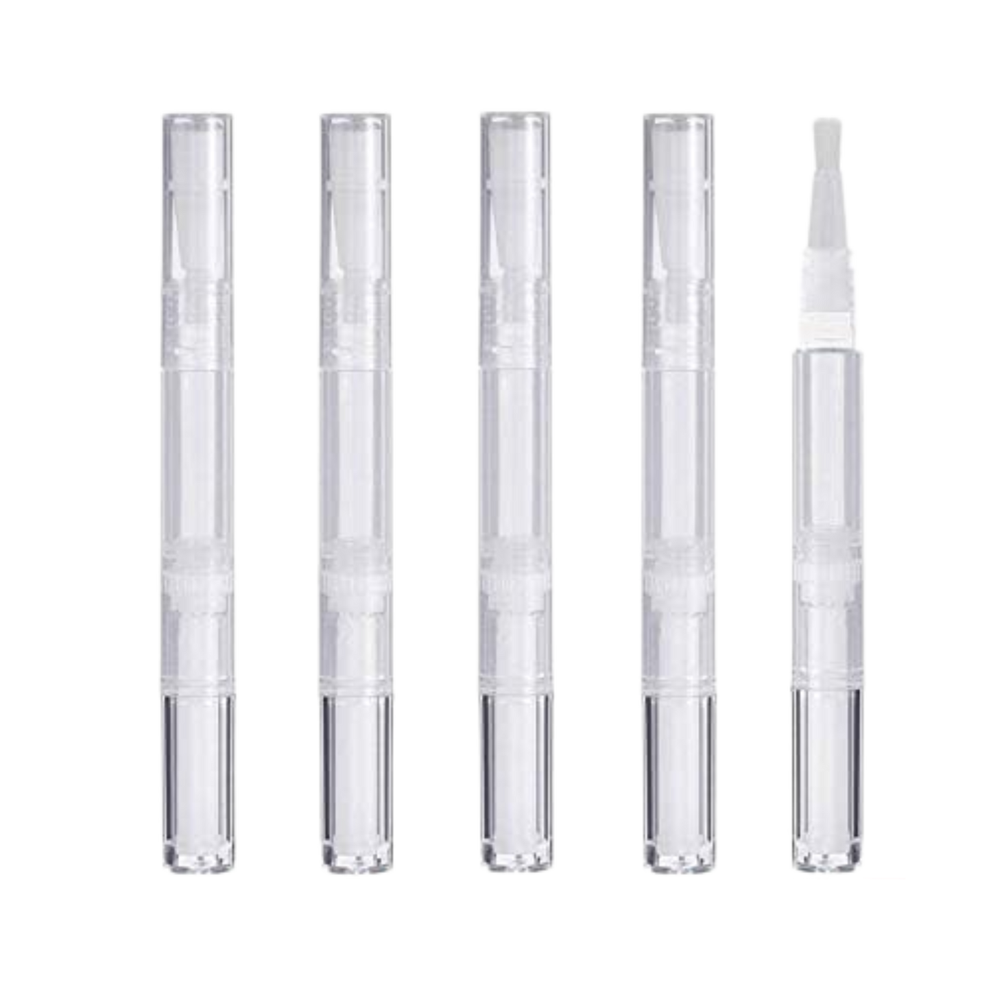 Set of five clear cosmetic applicators on a white background